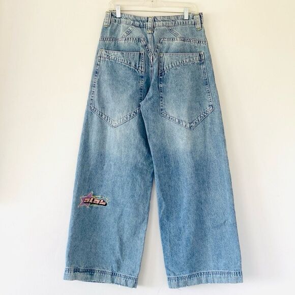 A.LAB Blue Denim with Pink Stitching Super Wide Leg sz 10 W32 Y2K Street - Picture 1 of 16
